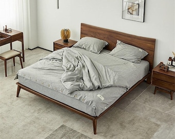 Letto a piattaforma in noce con bordo vivo / Struttura letto in legno massello / Design moderno minimalista di metà secolo / Matrimoniale, Queen, King, California King