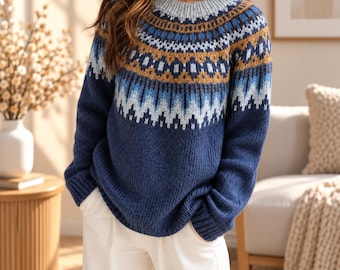 Puede incluir: Un suéter de punto de manga larga con cuello redondo y un canesú decorado con un patrón geométrico en tonos azul marino, azul claro, blanco y amarillo mostaza. El cuerpo principal del suéter es de un color azul marino sólido.