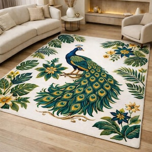 May include: A rectangular area rug with a peacock design. The rug features a cream-colored background with a large peacock in the center, surrounded by green leaves and yellow and blue flowers. The peacock has blue, green, and yellow feathers.