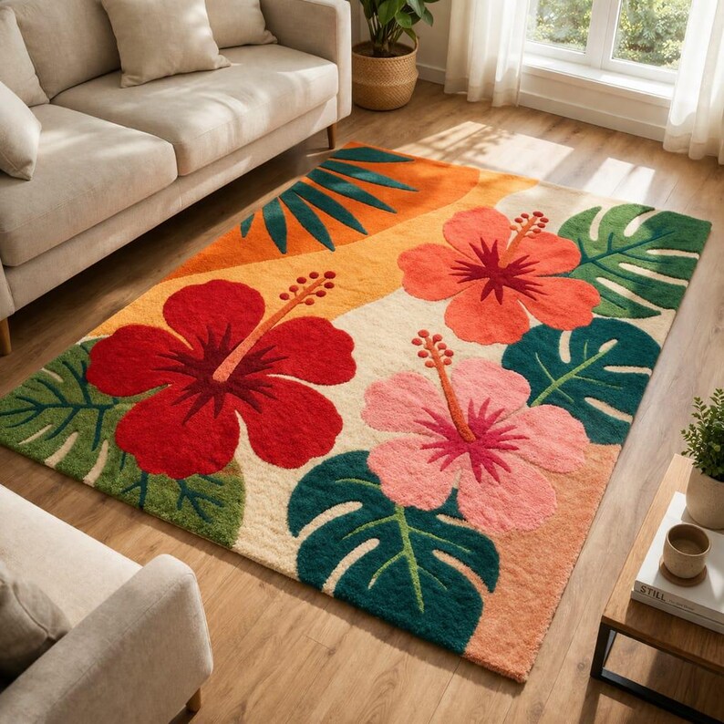 Hibiscus Rug Tropical Floral Area Rug, Modern Hibiscus Design, Colorful Boho Living ...