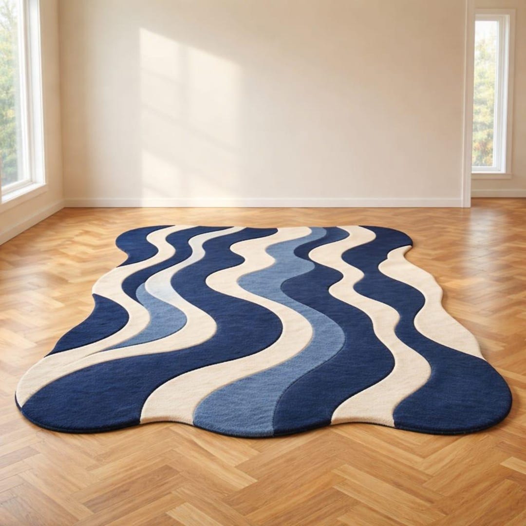 Modern Abstract Blue Wave Tufted Rug Irregular Shape Contemporary Area ...