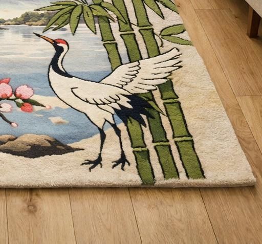 Pink Sakura Rug, Japanese Crane Bamboo Carpet, Mount Fuji Home Decor ...