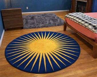 Navy blue Mustard yellow Sunbrust Round Hand Tufted Rug For Living Room Bedroom Carpet