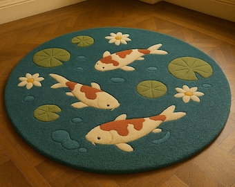 Koi Teich Runde Teppich, Botanical Nature, Plüsch Wolle oder Kunstfaser handgetuftet Teppich