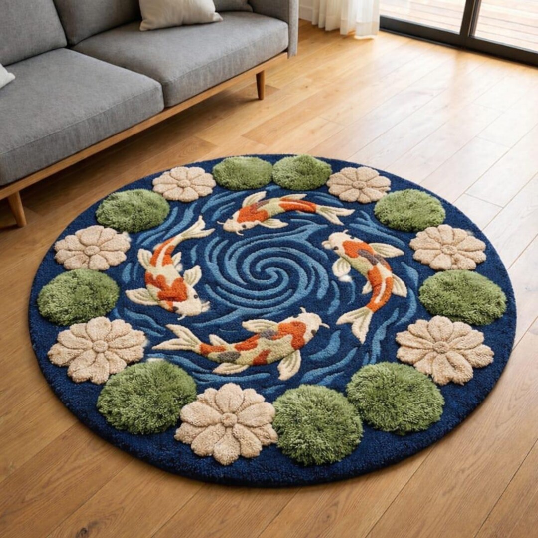 Pond Colors Rug Koi Fish Round Rug Japanese Zen Pond Design Blue Water Floral Handmade ...
