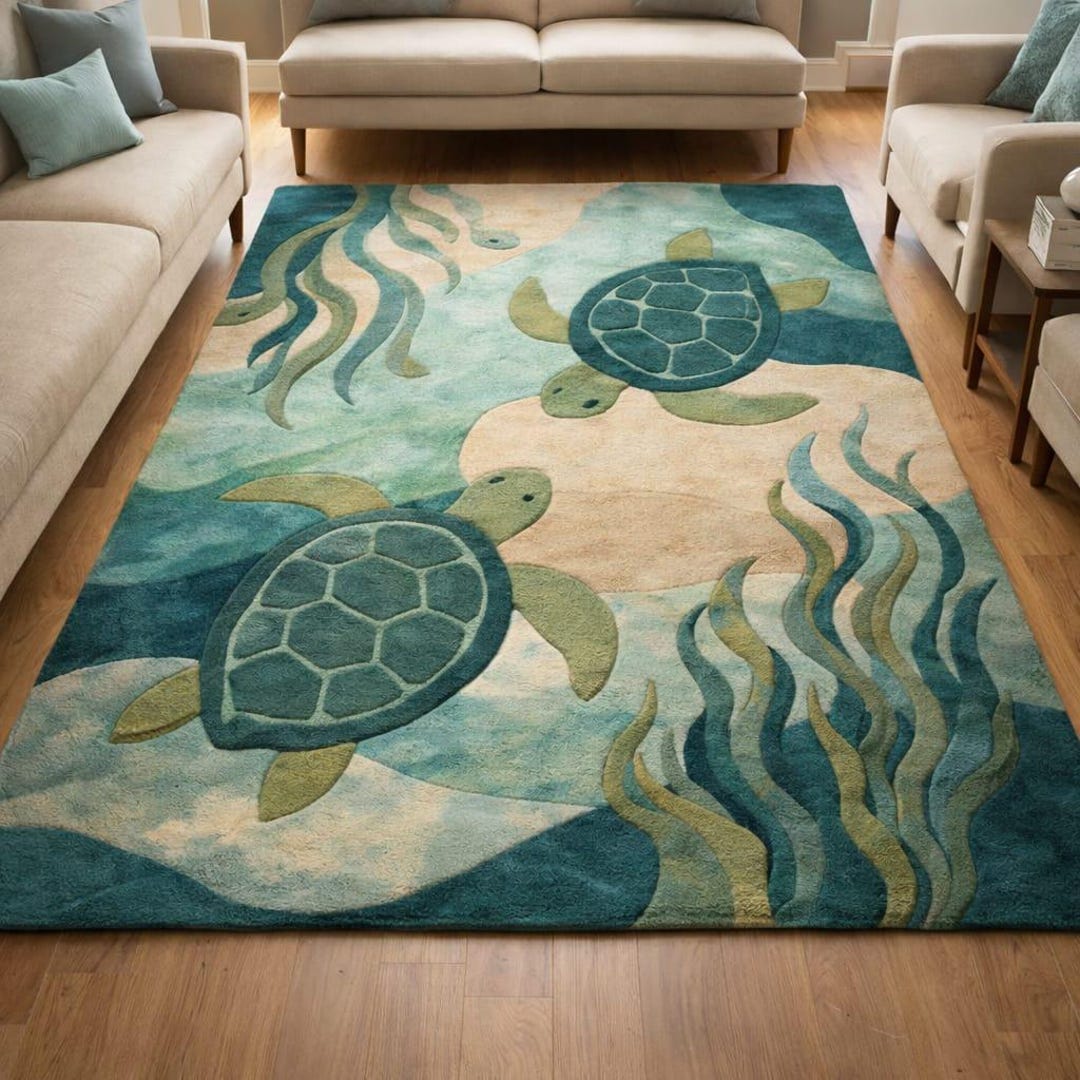 Tortoise Shell Rug Hand-tufted Sea Turtle Area Rug | Coastal Ocean Waves Living Room ...