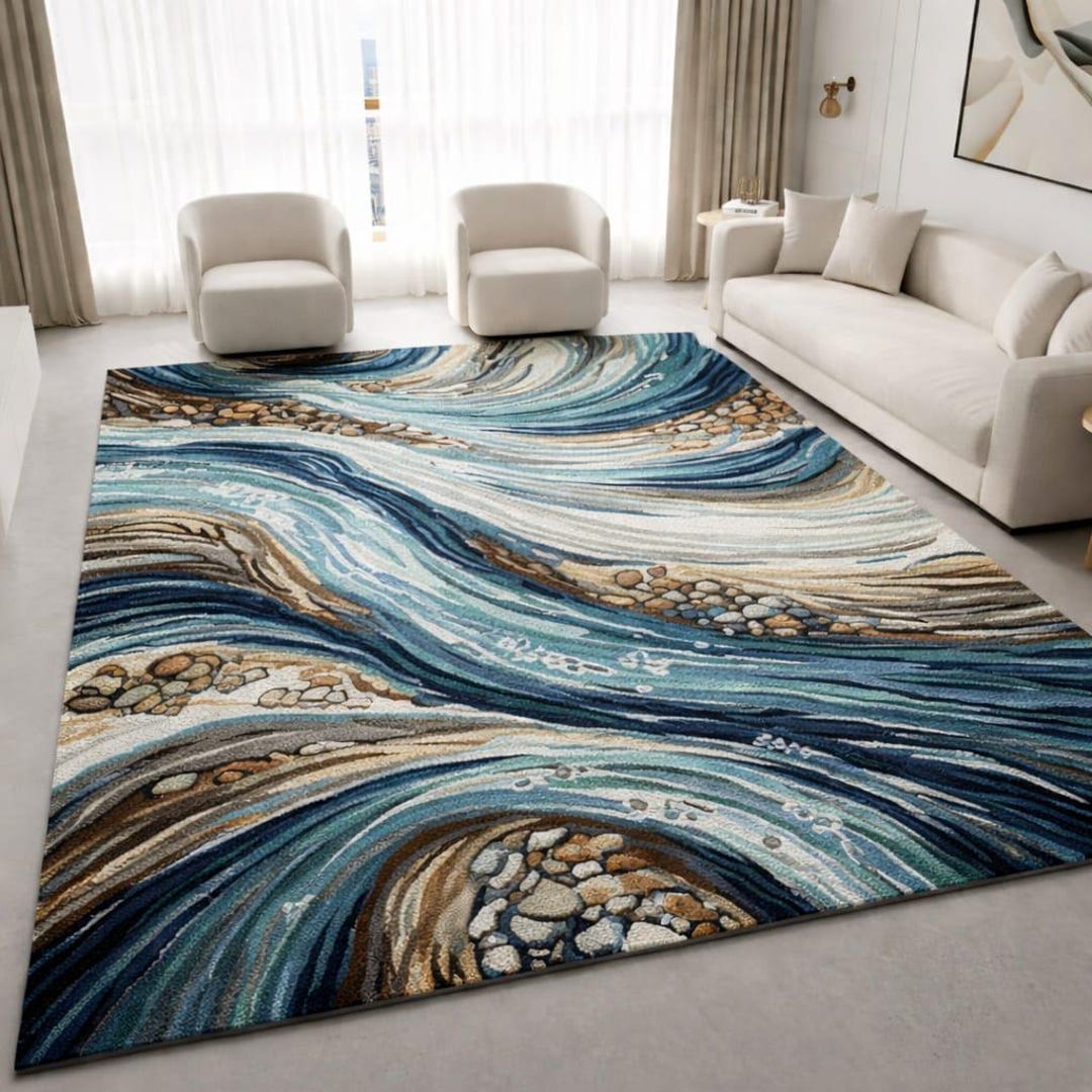 Luxury Abstract Water Wave Rug Modern Blue Neutral Living Room Area ...
