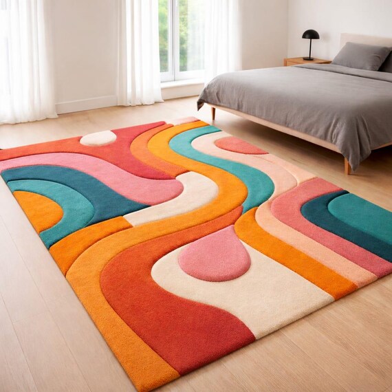 Retro Abstract Wavy Rug, Colorful Mid Century Tufted Carpet, Modern Bedroom Floor Decor Carpet