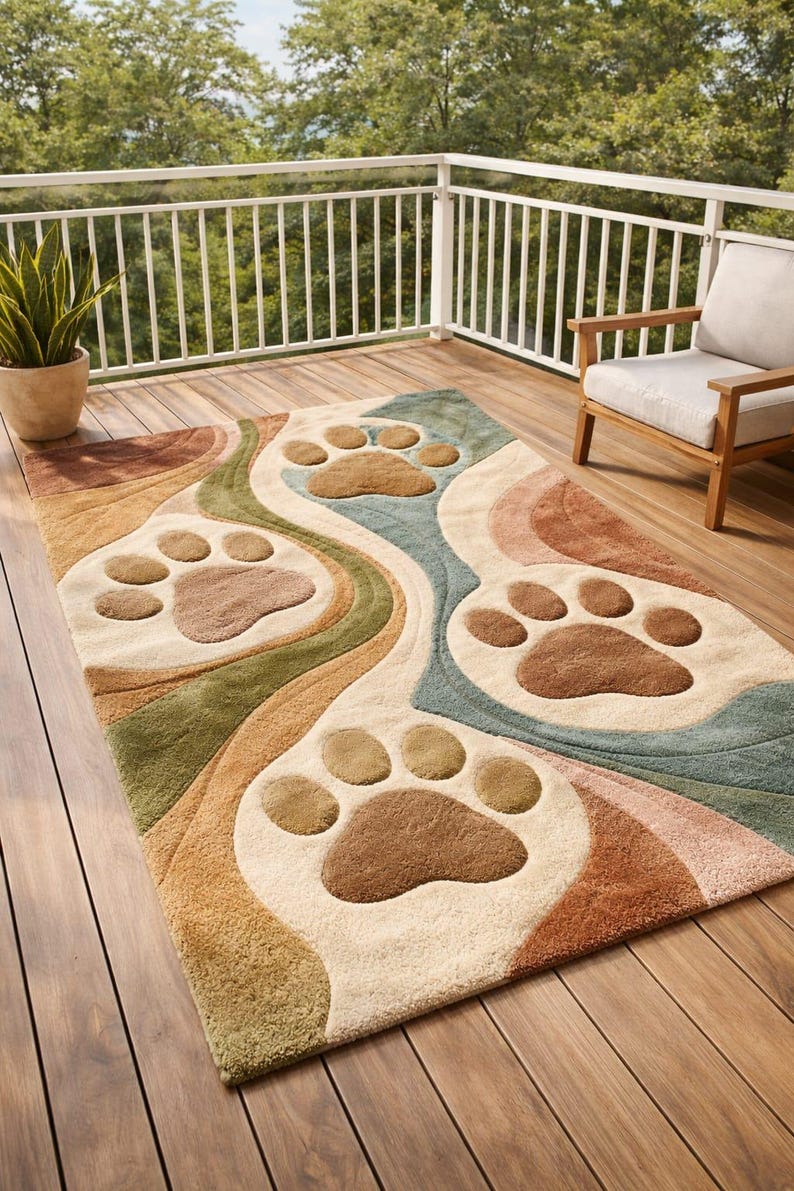 Tufted Wool Paw Print Area Rug – Modern Abstract Pet Lover Carpet for ...