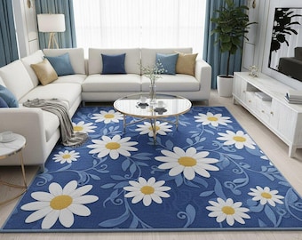 Blue Daisy Floral Area Rug Modern Flower Living Room Rug White Yellow Floral Carpet Soft Tufted Home decor