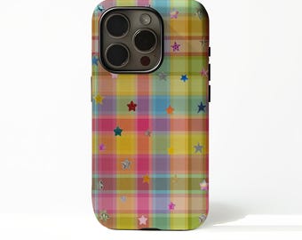 May include: A colorful phone case with a plaid pattern in shades of yellow, pink, blue, and green. The case is adorned with various star shapes in different colors and textures. The phone case has a camera and flash.
