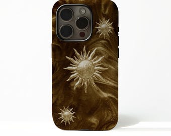 May include: A dark brown phone case featuring a swirling, metallic, liquid-like texture throughout the surface. The design includes three distinct sun illustrations of varying sizes, each with a central circular core and radiating rays.