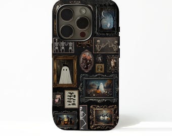 May include: Black phone case featuring a collage of framed Halloween-themed artwork. The artwork includes ghosts, skeletons, bats, and pumpkin-headed figures. The case has a glossy finish and a camera cutout.
