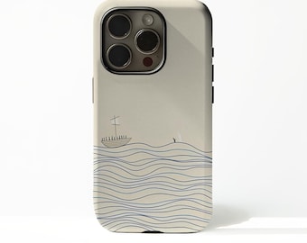 May include: A phone case with a minimalist design featuring a boat sailing on blue wavy lines, with a person on a surfboard. The case has a light beige background and a black camera housing.