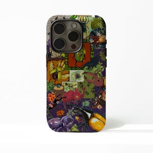 May include: A phone case featuring a collage of colorful insect illustrations, including beetles, butterflies, and other bugs. The design incorporates postage stamps and botanical elements on a purple background. The case has a black border and camera cutout.
