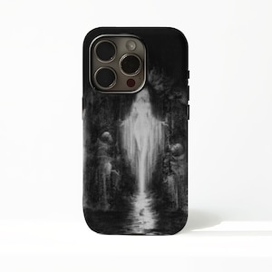 May include: A black smartphone case featuring a monochromatic, dark illustration of a glowing, ethereal figure standing in a central vertical beam of light, flanked by two indistinct, shadowy, seated figures in a dark, textured environment.