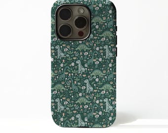 May include: A dark green phone case featuring a repeating pattern of dinosaurs and floral elements in shades of green, white, and peach. The case has a glossy finish and a camera cutout.