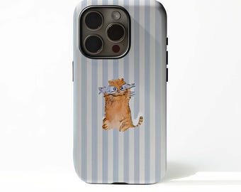 Cute cat phone case, retro cat and fish case, with iPhone 17, 16, 15, 14, 13, 12 Plus Pro Max, and Samsung S25, S24, S23, S22 Plus Ultra.