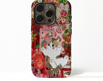 Cute Strawberry Cat/Fresh Berry/Pink Pet Collage Cover for iPhone 17 16 15 14 13 12 11 Plus Pro Max MagSafe S25 S24 S23 S22 Plus Ultra.