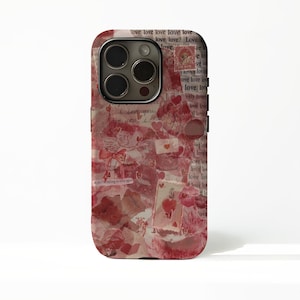 May include: A phone case featuring a collage design in red and white hues. The design incorporates hearts, cherubs, and handwritten text, including "I love you" and "love". The case has a glossy finish and a camera aperture.