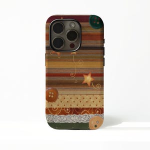 Autumn Striped Patchwork Phone Case, Quirky Buttons, Stars (iPhone, Samsung)