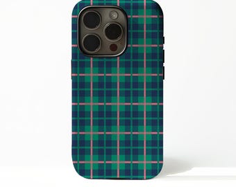 Green & Navy Gingham Phone Case, Preppy Plaid Cover with iPhone 17 16 15 14 13 12 11 Plus Pro Max MagSafe S25 S24 S23 S22 Plus and Ultra.