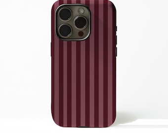 May include: A burgundy and maroon striped phone case. The case has a glossy finish and a camera cutout on the upper left corner. The vertical stripes are evenly spaced and create a simple, yet elegant design.