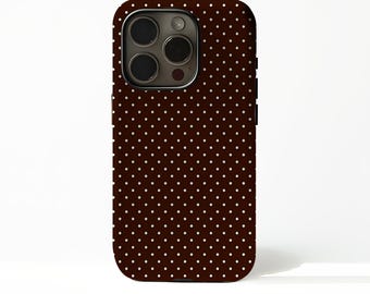 ブラウンの水玉模様の携帯電話ケース、iPhone 17 16 15 14 13 12 Plus Pro Max に対応、Samsung S25 S24 S23 S22 Plus Ultra に対応。