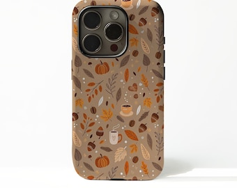 Pumpkin Autumn Leaves Phone Case, Fall Coffee Design