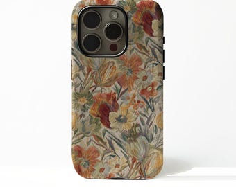 May include: A floral patterned phone case featuring a variety of flowers in shades of orange, yellow, and green on a beige background. The case has a camera cutout and black side buttons.
