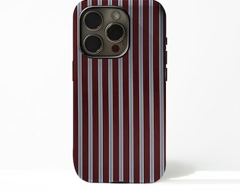 May include: A smartphone case with a vertical striped pattern. The case features alternating burgundy and light gray stripes. The camera module is visible at the top, with a black frame on the side.
