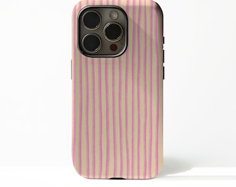 May include: A phone case with a vertical striped pattern in light pink and beige. The case has a black camera module and buttons on the side. The design features a repeating pattern of uneven lines.