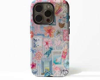 May include: A phone case with a collage of coastal-themed illustrations. The design includes seashells, hibiscus flowers, a jellyfish, and the text "Coastal Life" and "New Yorker". The case has a pink, blue, and white color scheme.
