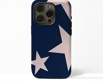 May include: A navy blue phone case featuring a pattern of large, light pink stars. The case has a glossy finish and a camera cutout on the back. The design is simple and modern, suitable for various styles.