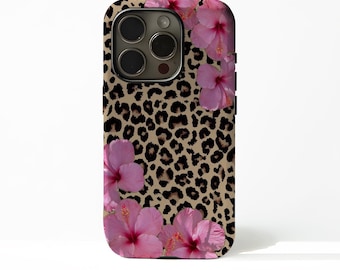 Leopard & Pink Hibiscus Phone Case, Tropical Floral, with iPhone 17/16/15/14/13/12/11 Pro Max and Samsung Galaxy S25/S24/S23/S22/S21.