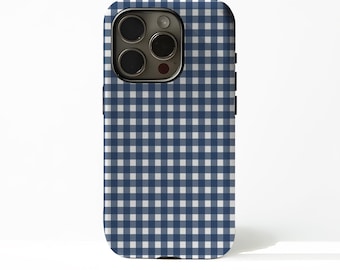 May include: A smartphone case with a blue and white gingham pattern. The case has a camera cutout and black side buttons. The design is a classic, checkered pattern, offering a stylish and protective accessory for the phone.