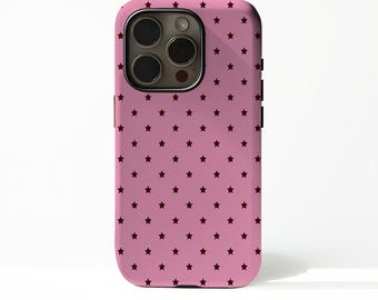 May include: A pink phone case with a repeating pattern of dark red stars. The case has a camera cutout and buttons on the side. The phone case is designed to fit a smartphone.