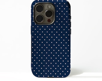 ネイビーブルーの水玉模様の携帯電話ケース、iPhone 17 16 15 14 13 12 Plus Pro Max 用、Samsung S25 S24 S23 S22 Plus Ultra に対応。