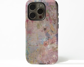 May include: A phone case with a floral design in shades of pink, purple, and blue. The case features a detailed illustration of flowers, butterflies, and other whimsical elements. The case has a glossy finish and a black camera module.