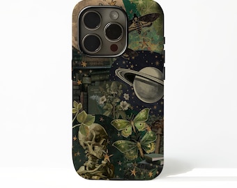 Funda para teléfono con collage gótico vintage de calavera y mariposa para iPhone 17, 16, 15, 14, 13, 12, 11 Plus, Pro Max, MagSafe, S25, S24, S23, S22 Plus Ultra