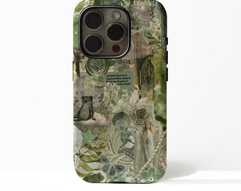 May include: A phone case with a collage design in shades of green, beige, and white. The design includes images of a frog, a cat, and a woman, along with text that reads "I've been known to chase endless dreams..."