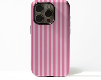 May include: A pink and white striped phone case. The case has a glossy finish and a vertical stripe pattern. The camera and side buttons are visible. The case is designed to fit a smartphone.