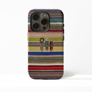 May include: A smartphone case with a vibrant striped design in various colours. The case has an illustration of three figures, each with a sun, moon, or star symbol. The case is designed to fit a mobile phone.