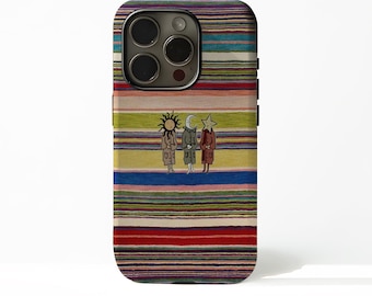 May include: A colorful phone case with a striped pattern in shades of red, blue, green, and yellow. The case features an illustration of three figures with sun, moon, and star symbols. The case is designed to fit a smartphone.