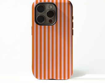 May include: A phone case with a vertical striped pattern in orange and light pink. The case has a black camera module and buttons on the side. The case is designed to fit a smartphone.