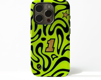 May include: A neon green phone case with a black swirled pattern. The case features a gold number 1, a gold star, and a small smiley face. The case is designed to fit a smartphone.