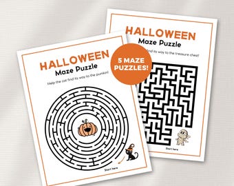 May include: Two Halloween-themed maze puzzles. One features a circular maze with a pumpkin and a cat, the other a square maze. Text includes "Halloween Maze Puzzle" and "5 Maze Puzzles!"