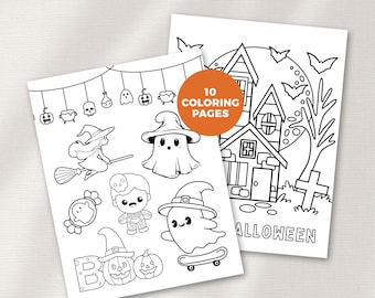 May include: Two black and white Halloween-themed coloring pages. One page features various Halloween characters, including a witch on a broom, ghosts, and pumpkins. The other page shows a haunted house, bats, and a full moon. The text "10 Coloring Pages" is visible.