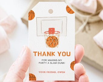 Redigerbar tacketikett för basket, Slam Dunk-festfavöretikett, sportfödelsedagspresentetikett för barnfest