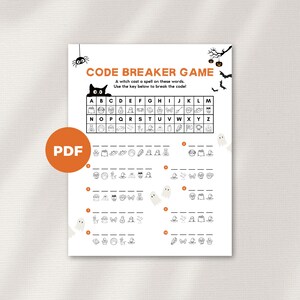May include: A white Halloween-themed printable game sheet with the title "CODE BREAKER GAME". The sheet features a code-breaking puzzle with a key, illustrations, and the text "A witch cast a spell on these words. Use the key below to break the code!"